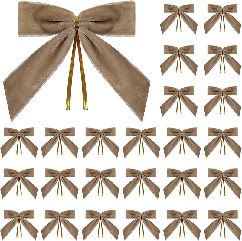 Utehilly 24 Pcs Light brown Small Velvet Christmas Bows for Christmas Tree, Wreath, Gift Wrapping, Crafts, Wedding, Party, Twist Tie Bows for Treat Bag Bakery Candy Bags, Home Decor 1"W,3.5 x 3.5 inch - Image 1